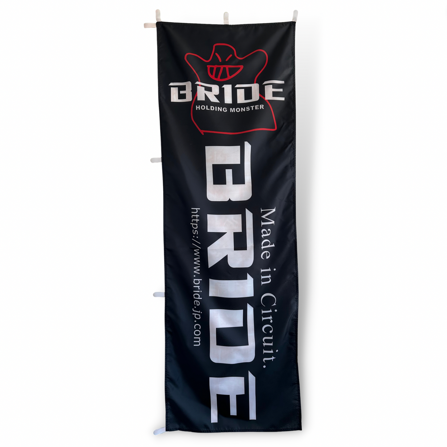 A rectangular flag with the brand name 'Bride' in white text on a black background, with a red graphic of ghost logo and the text 'MADE IN CIRCUIT'.