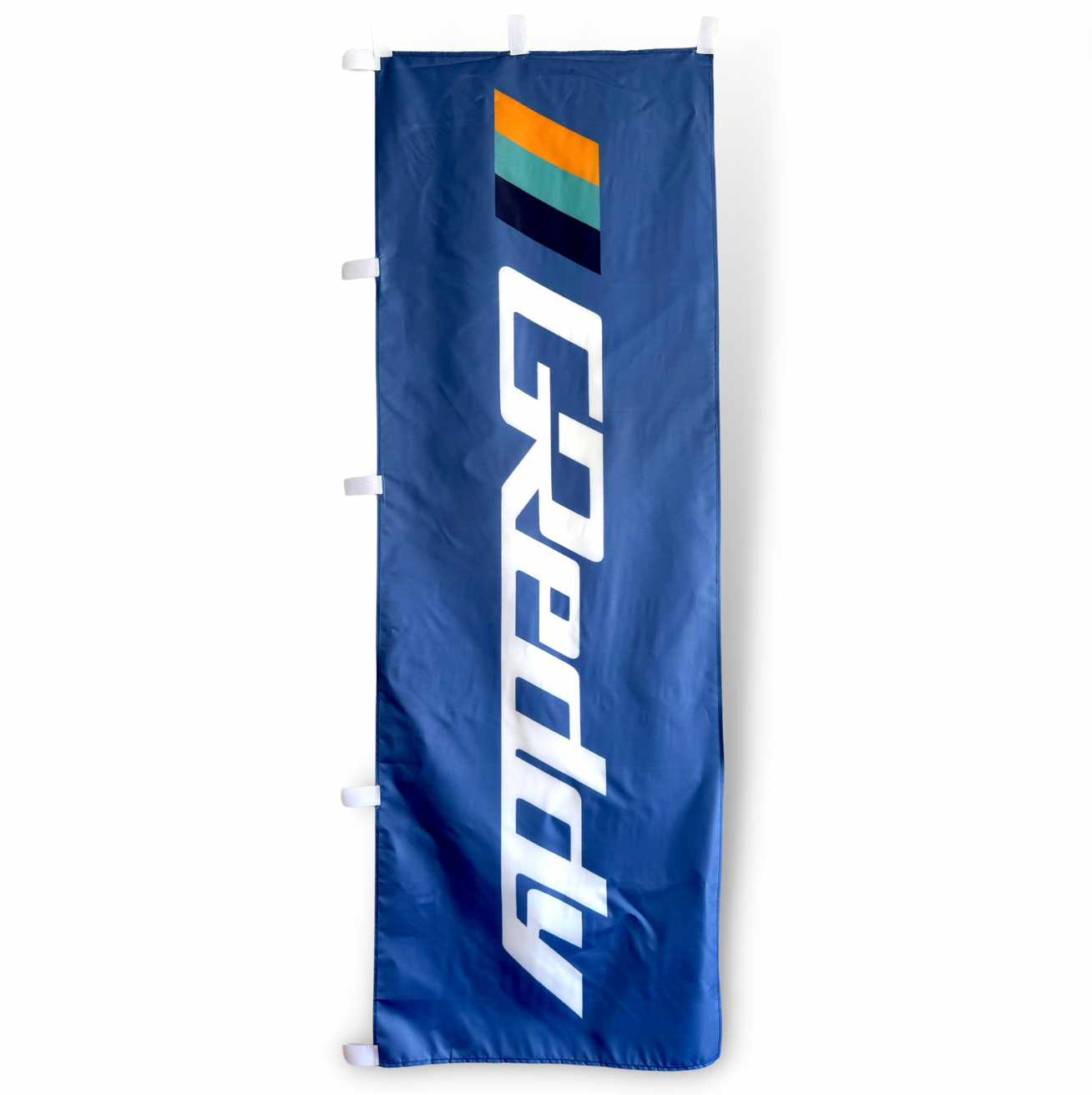 A rectangular flag with the Greddy brand logo in white and orange on a blue background, with white pole attachments for hanging.