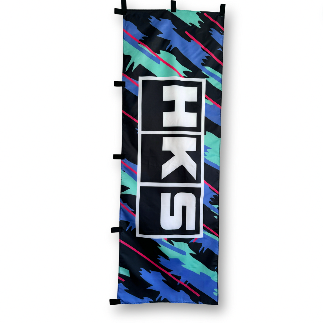 A rectangular flag with the HKS brand logo in white on iconic HKS Pattern background