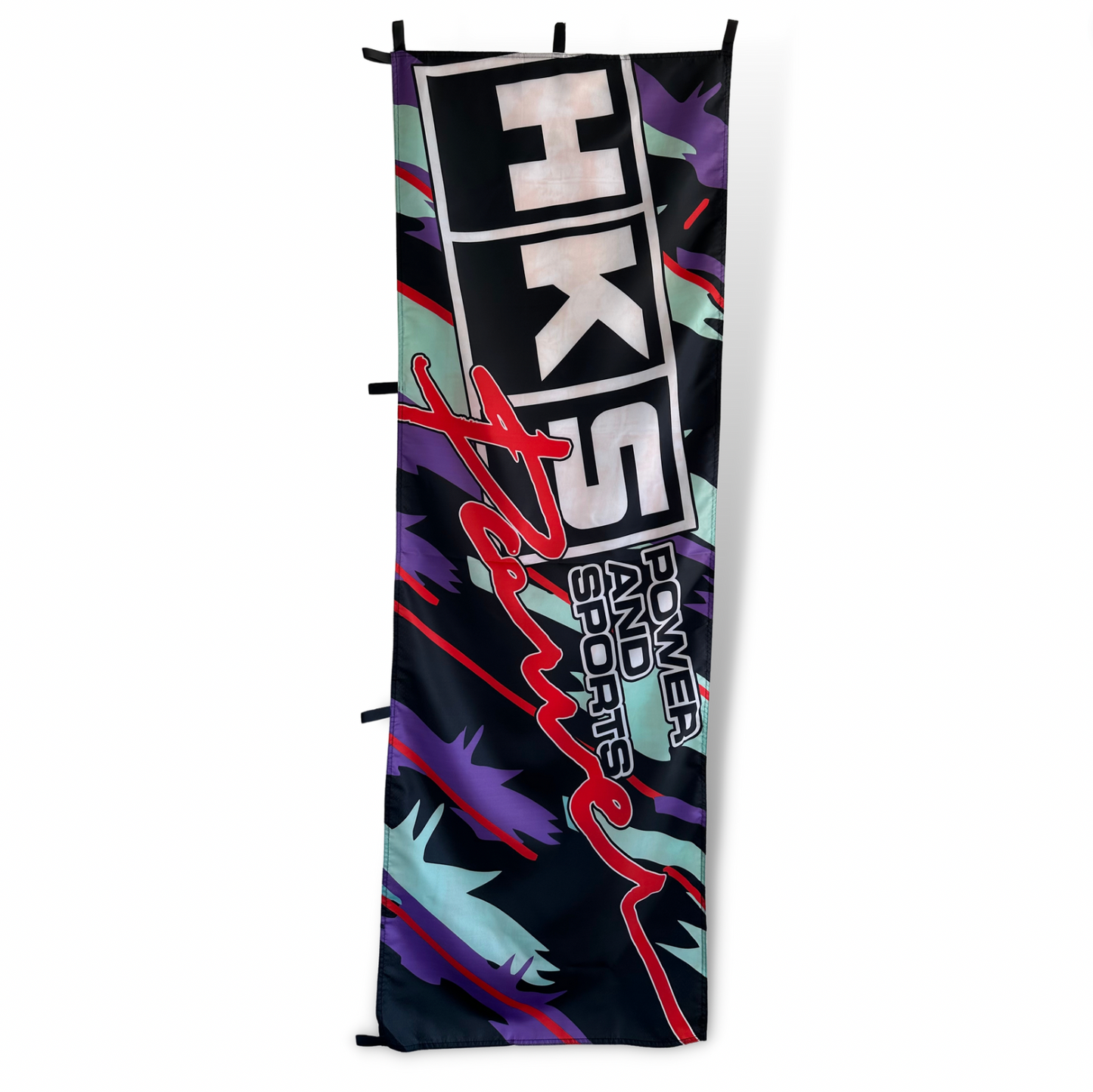 Rectangle Flag with HKS Logo and Purple and Teal Iconic HKS Pattern in Background