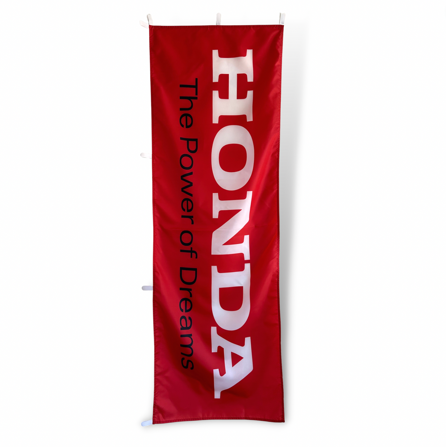 Red Rectangular Flag with White Honda text and black The power of Dreams text underneath