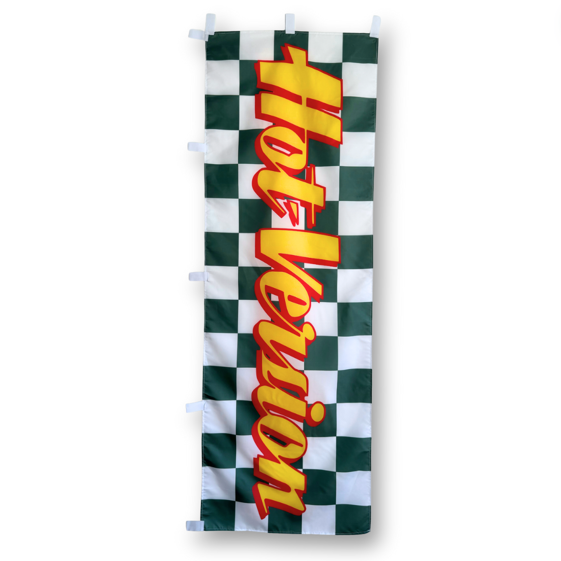 A rectangular flag with a green and white checkered pattern and the word 'HOT VERSION' in bold yellow lettering on it.