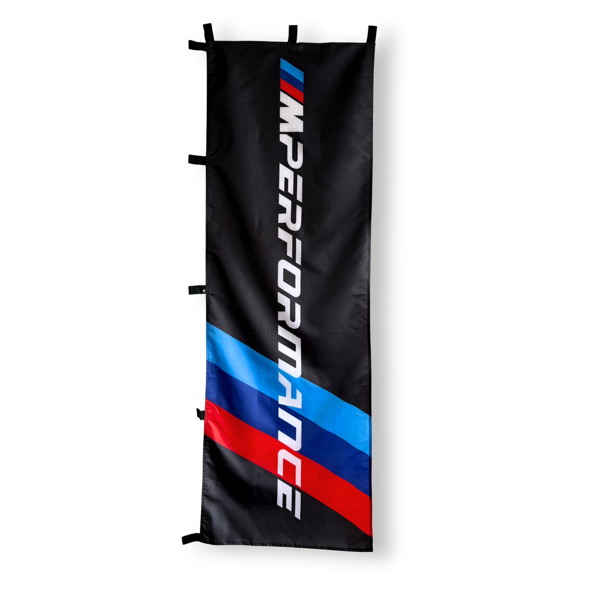 Black banner with 'Performance' text and red and blue stripes on a white background