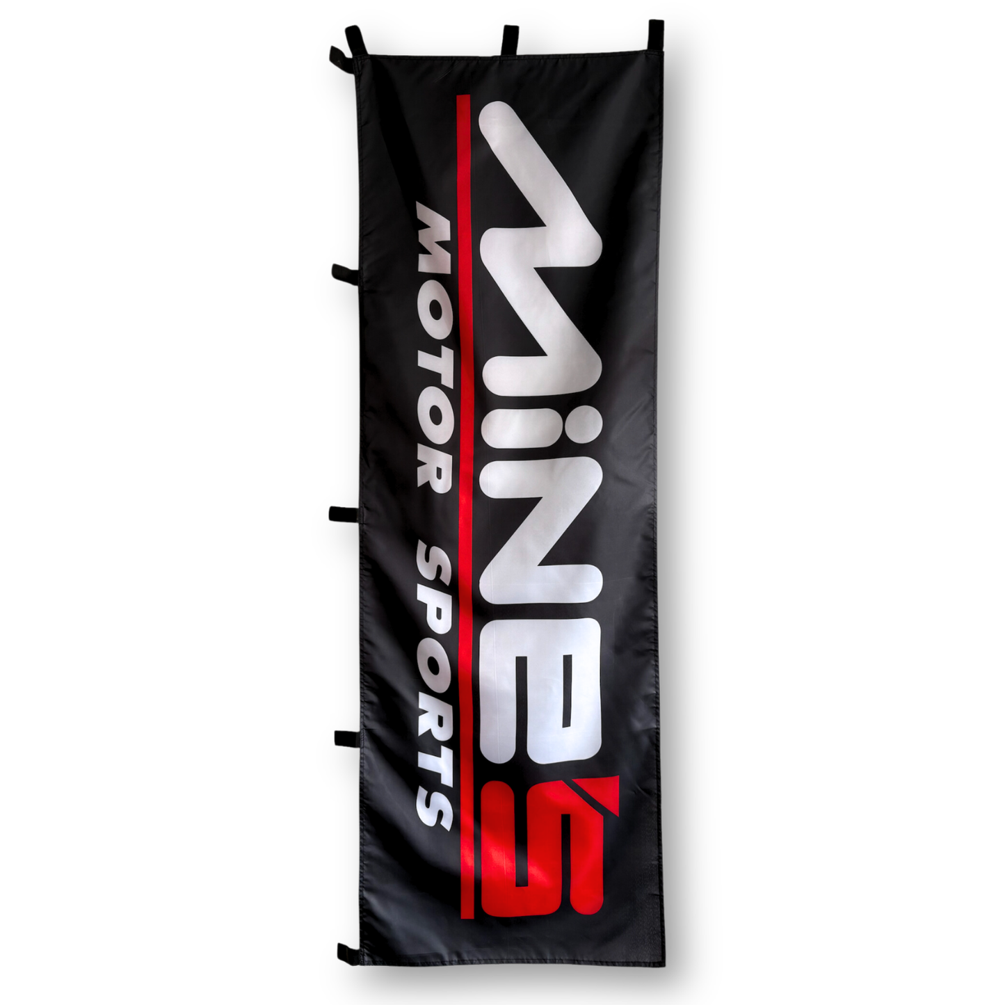 A rectangular flag with a black background, featuring the text 'Mine's Motor Sports' in white and red