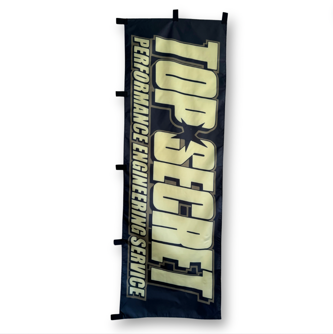 A rectangular flag with the Top Secret brand logo in Beige on a black background with Performance Engineering Service text below