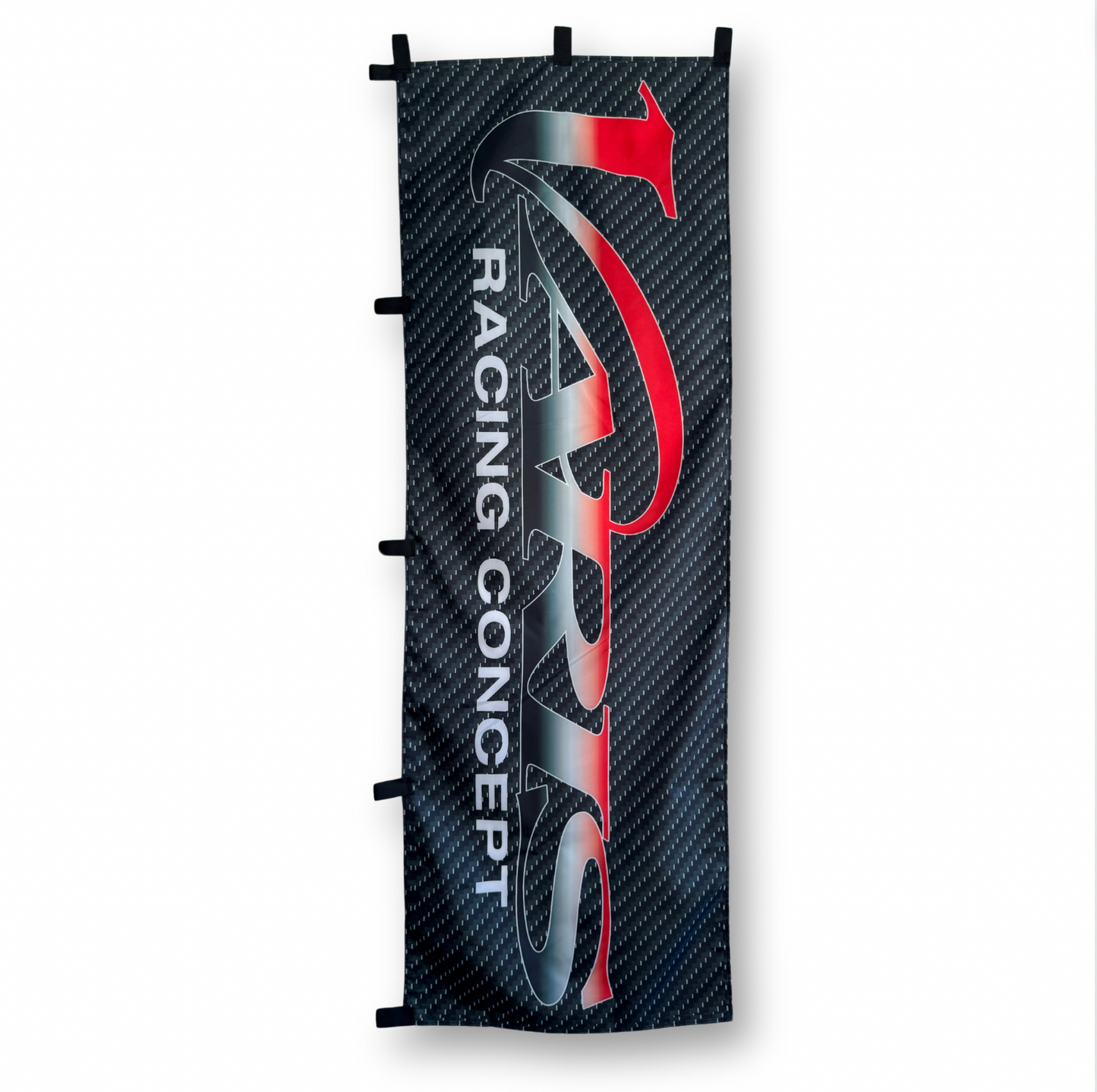A rectangular flag with the Varis Racinb Concept brand logo in white, red and black on a carbon fibre pattern background
