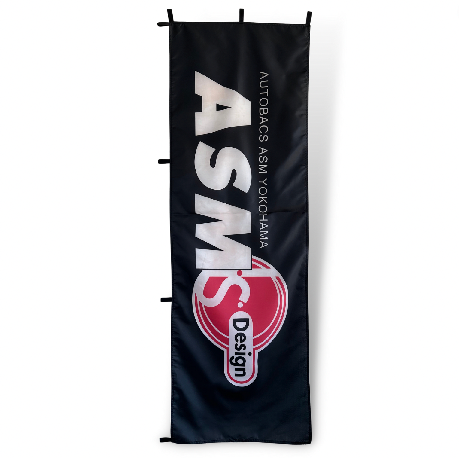 A black rectangular flag with the white text 'ASM Yokohama' and a red circle logo.