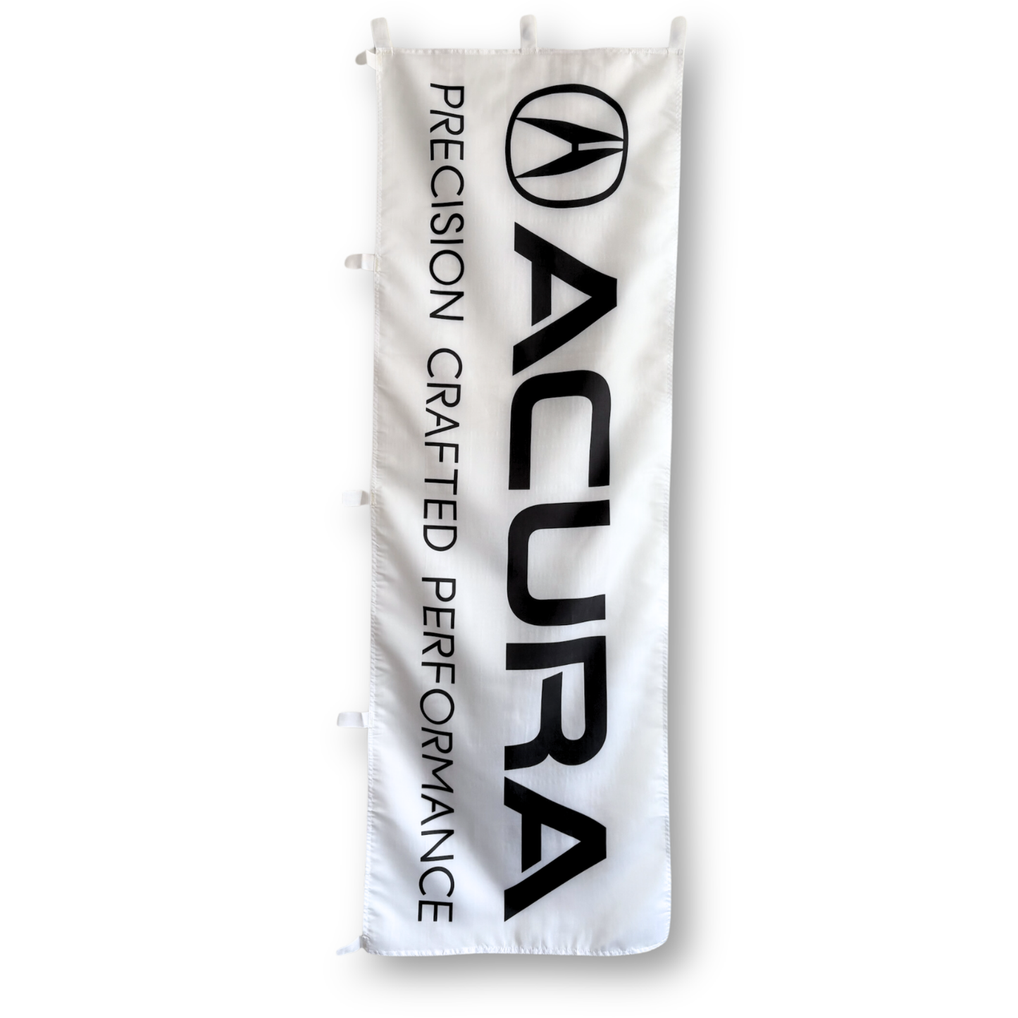 A white rectangular flag with the Acura logo and the text 'Crafted for Performance' printed in black.