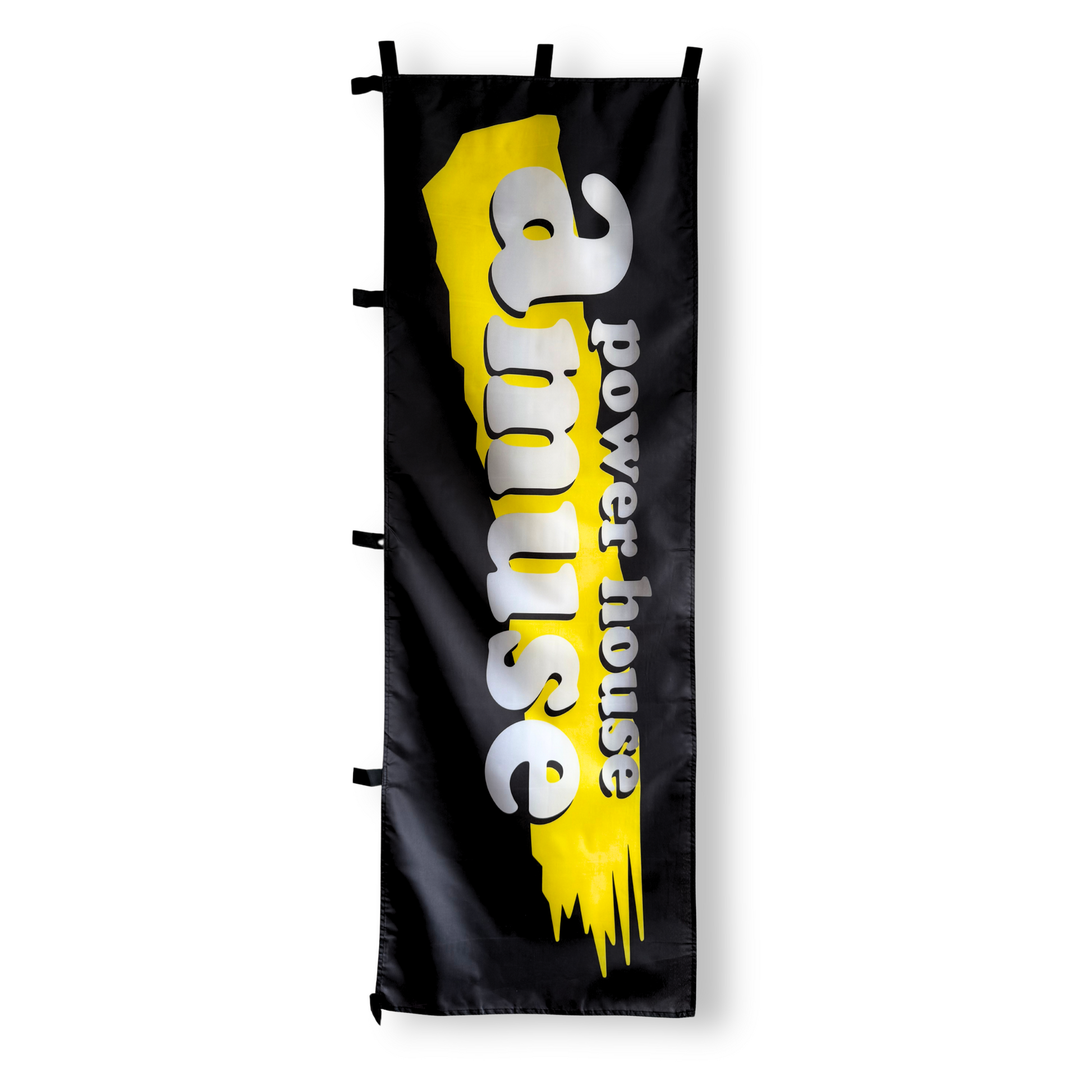Black and yellow flag with 'Powerhouse Amuse' text on a white background