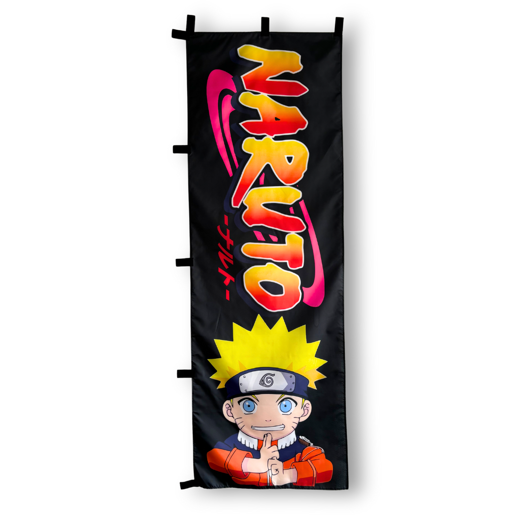 A rectangular flag with the Naruto brand logo in orange on a black background and Naruto Character