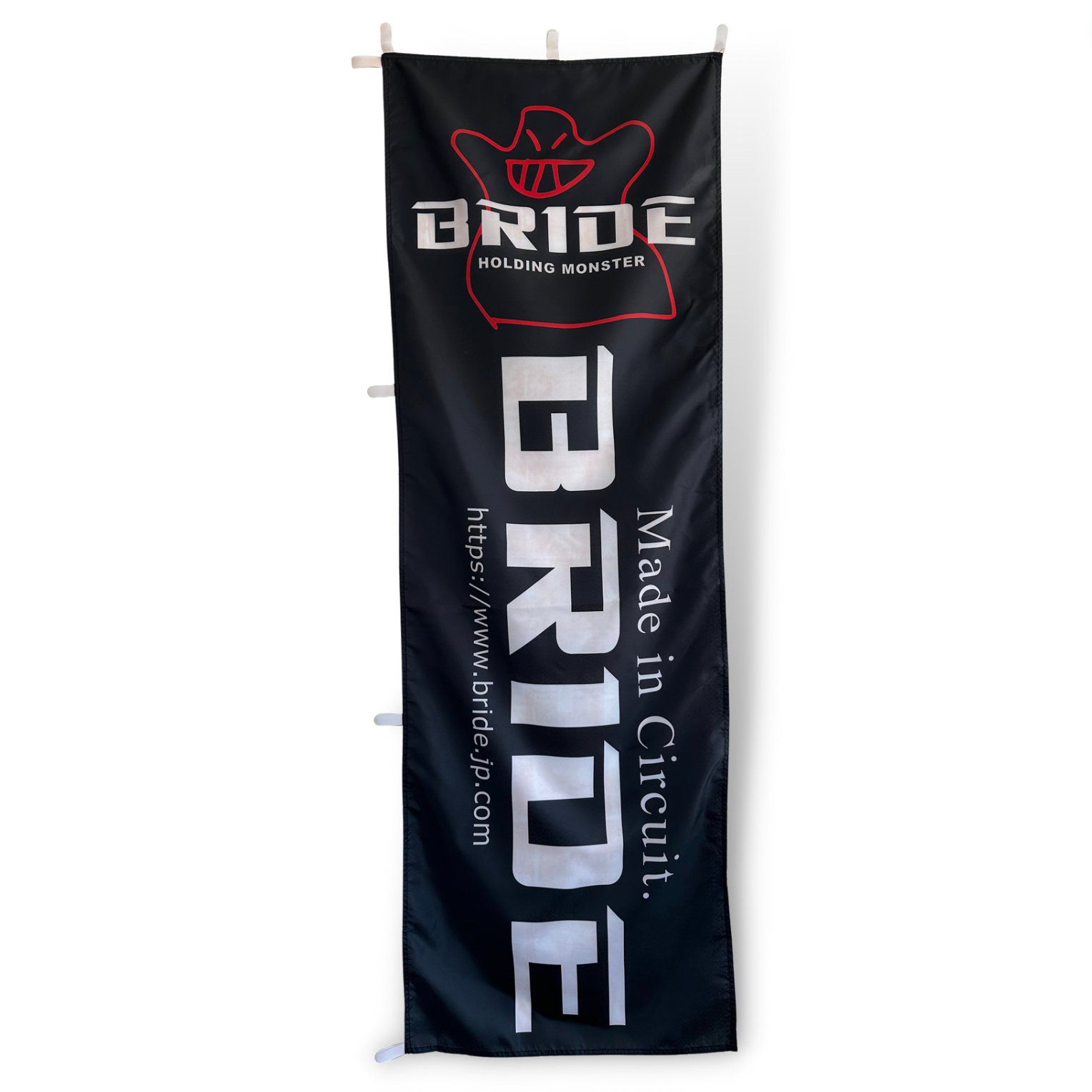 A rectangular flag with the brand name 'Bride' in white text on a black background, with a red graphic of ghost logo and the text 'MADE IN CIRCUIT'.