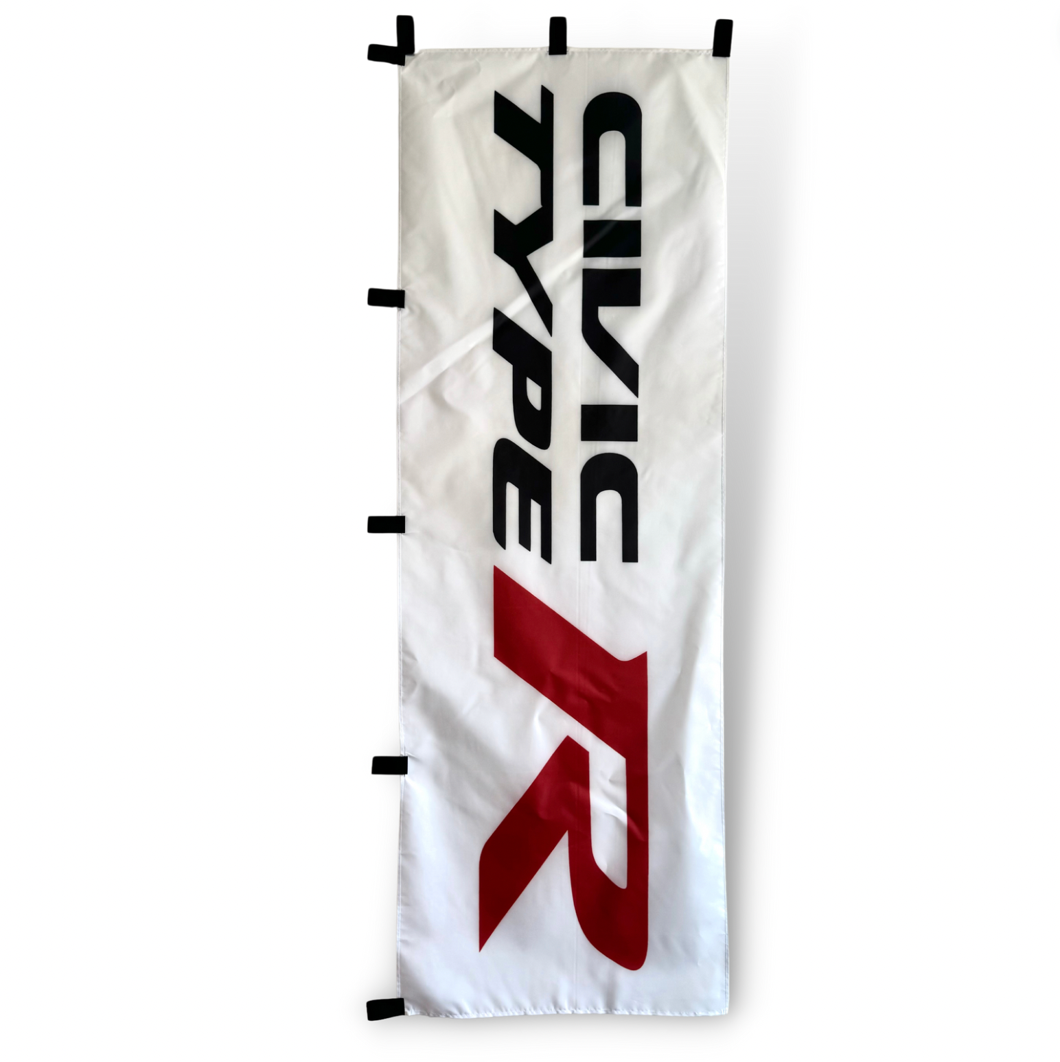 A rectangular flag with the text 'CIVIC TYPE R' in bold capital letters, predominantly white with a red 'R' on the bottom, and a black border along the top.