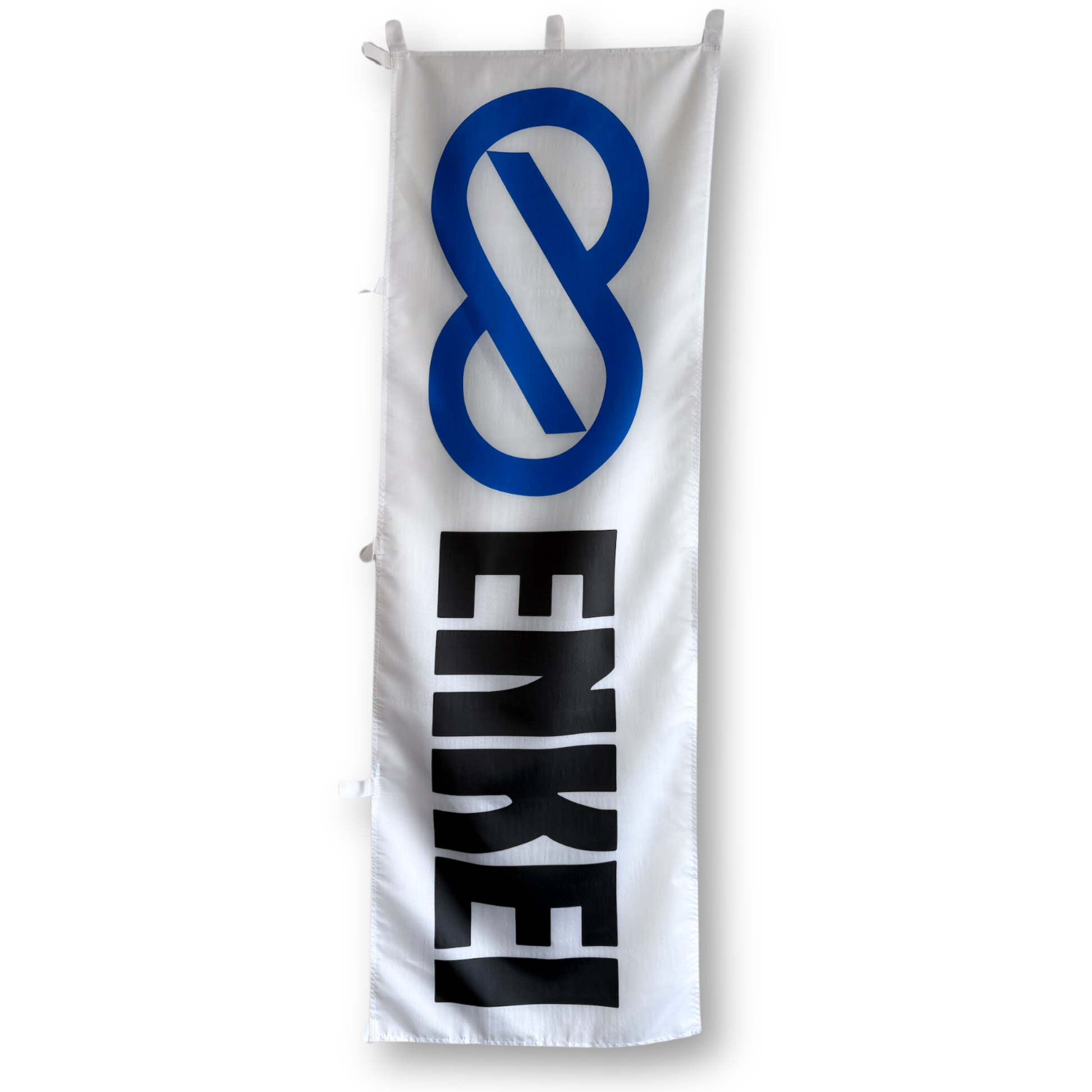 A rectangular flag with a white background featuring a blue logo symbol and the black text 'Enkei'.