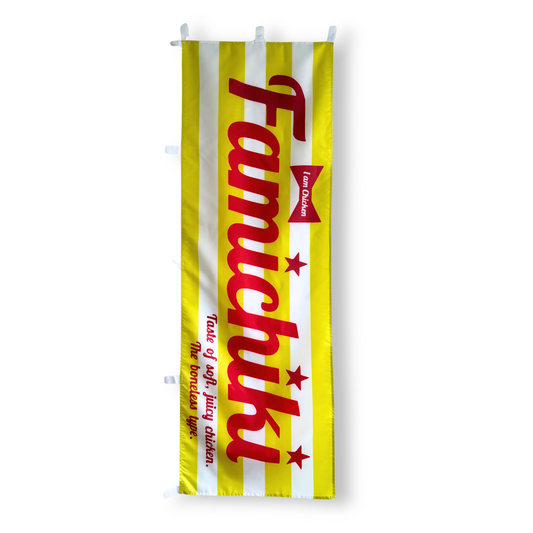 Famichiki with red text and yellow and white strip background