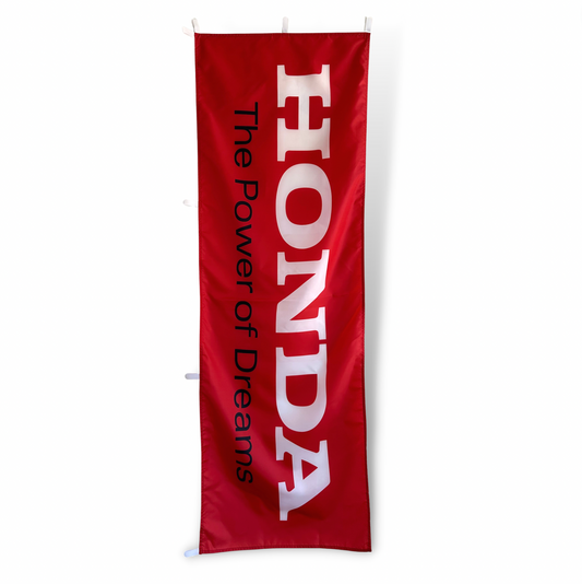 Red Rectangular Flag with White Honda text and black The power of Dreams text underneath