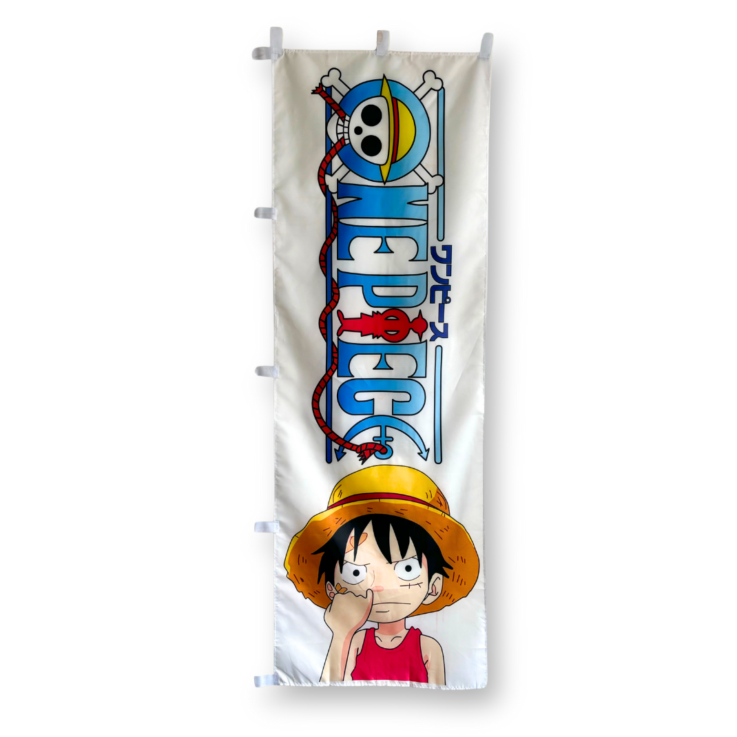 White rectangular flag with character luffy from one piece and one piece logo