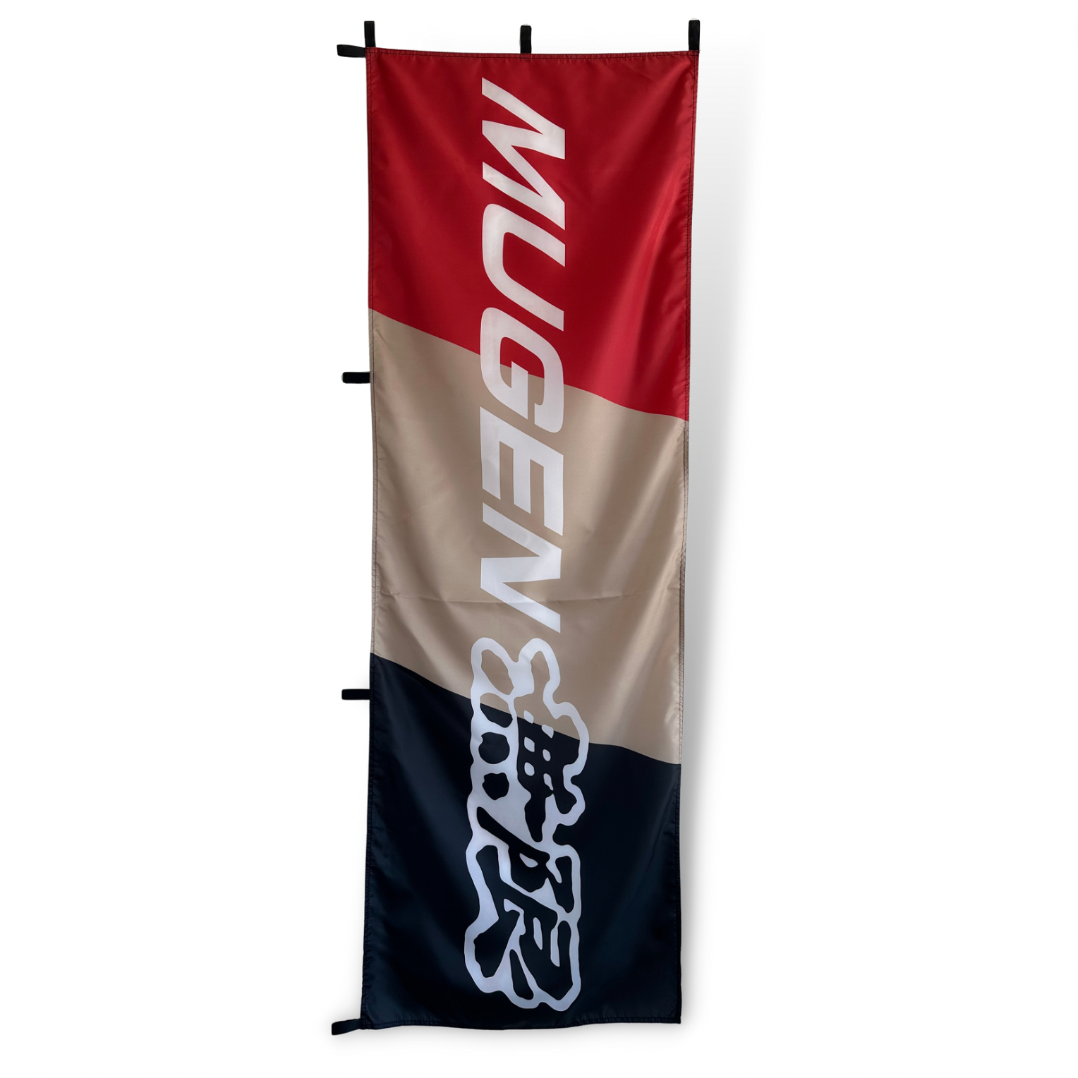 A tri-colored flag with the 'MUGEN' brand logo in a stylized font, predominantly red with a black and white stripe at the bottom.