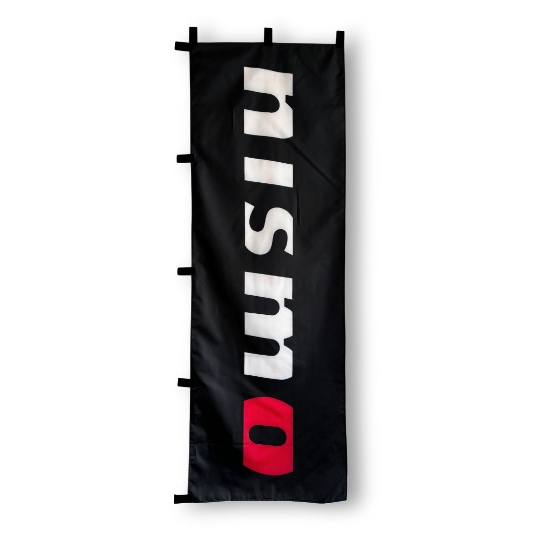 A rectangular flag with the Nismo brand logo in white with the 'o' in red on a black background