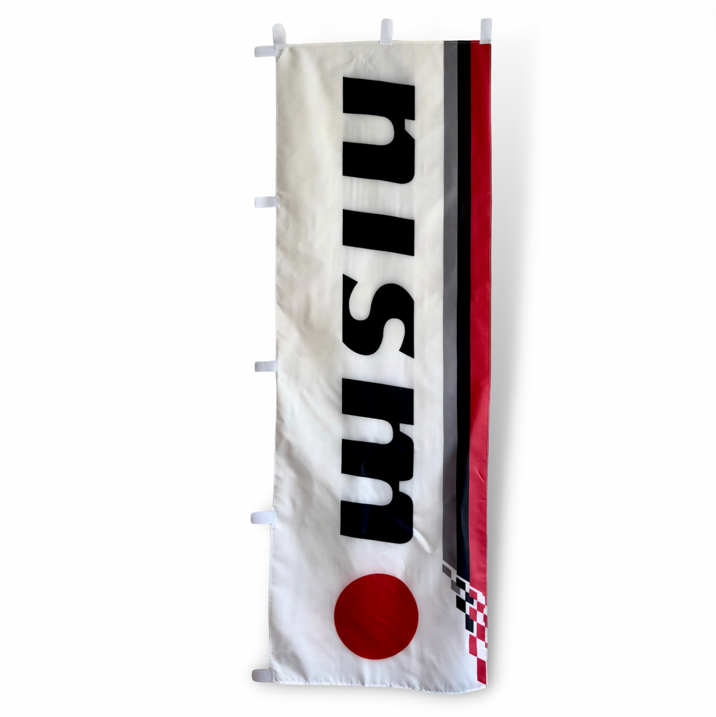 White Rectangle Flag with Black Nismo Text and red circle 'o'