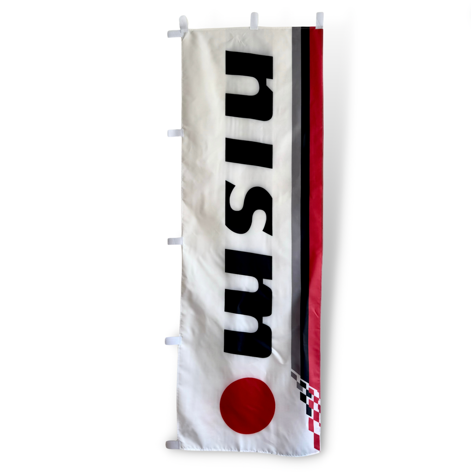 White Rectangle Flag with Black Nismo Text and red circle 'o'