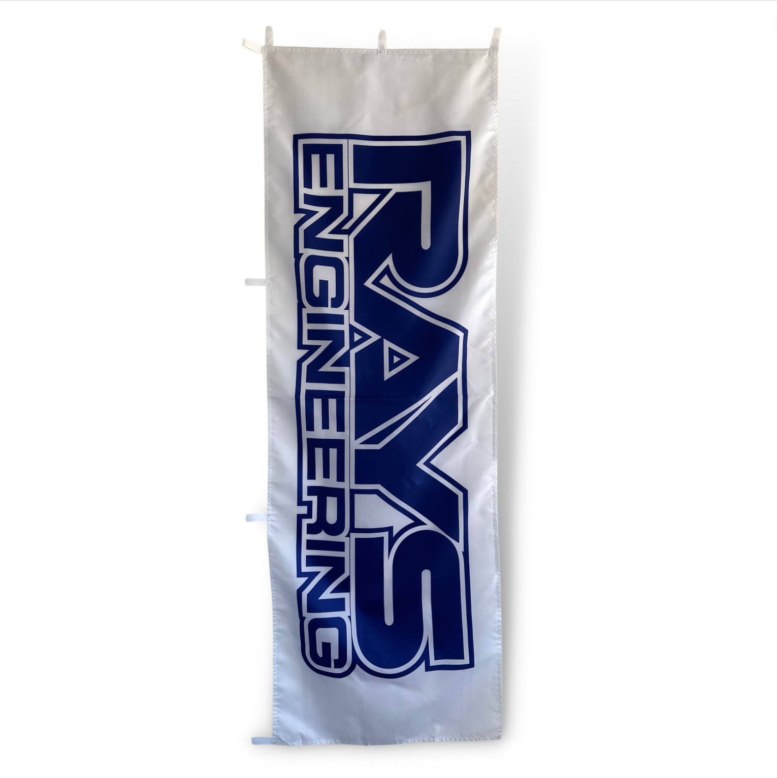 White Rectangular Flag with blue text Rays Engineering