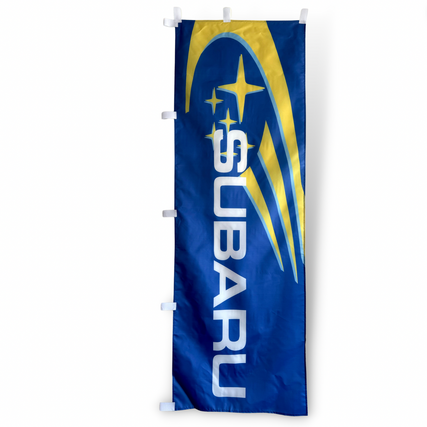A rectangular Subaru flag with blue field and yellow stars and the Subaru logo in the center.