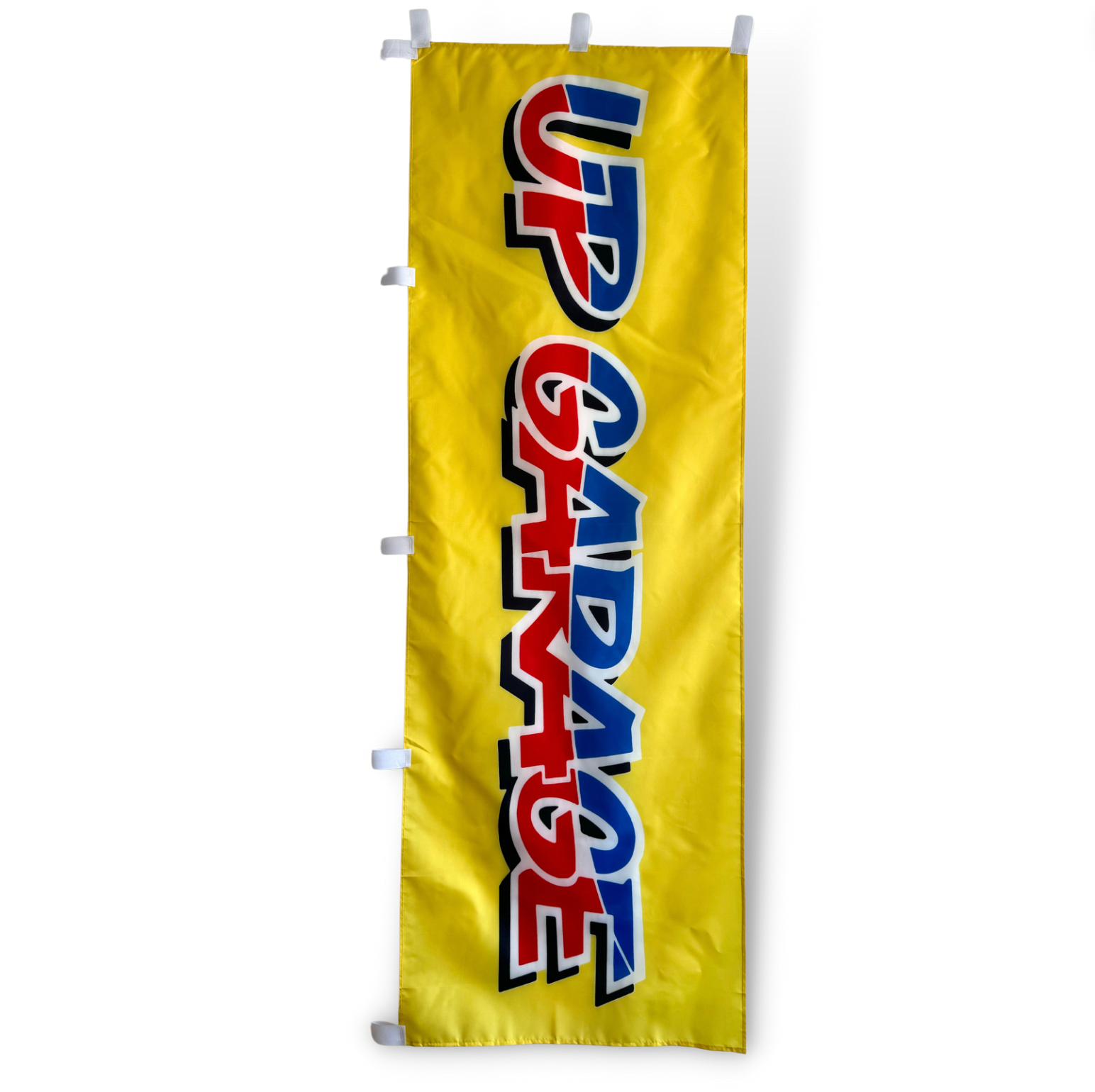 A rectangular flag with the Up Garage brand logo in yellow background.