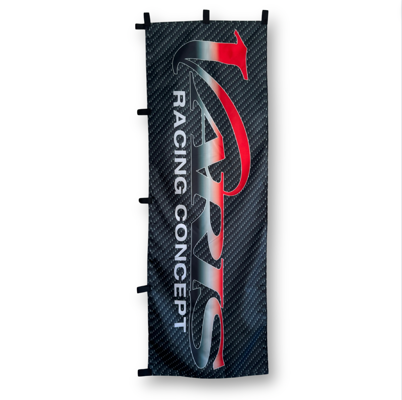 A rectangular flag with the Varis  Racinb Concept brand logo in white, red and black on a carbon fibre pattern background