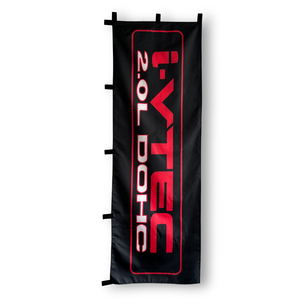 A rectangular flag with the i-vtec 2.0L Dohc brand logo in red and black colors on a black background.