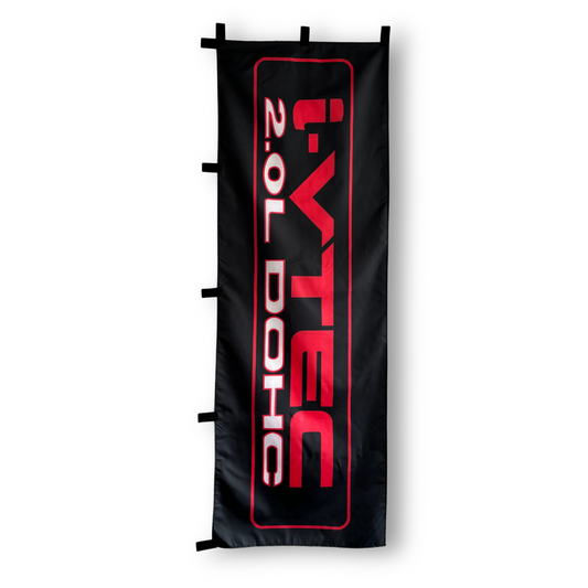 A rectangular flag with the i-vtec 2.0L Dohc brand logo in red and black colors on a black background.